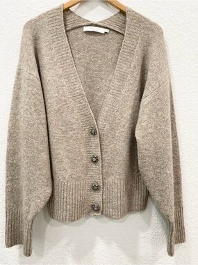 ASTR The Label Cardigan Sweater Women’s Large Taupe Grey Jewel Button Wool Blend